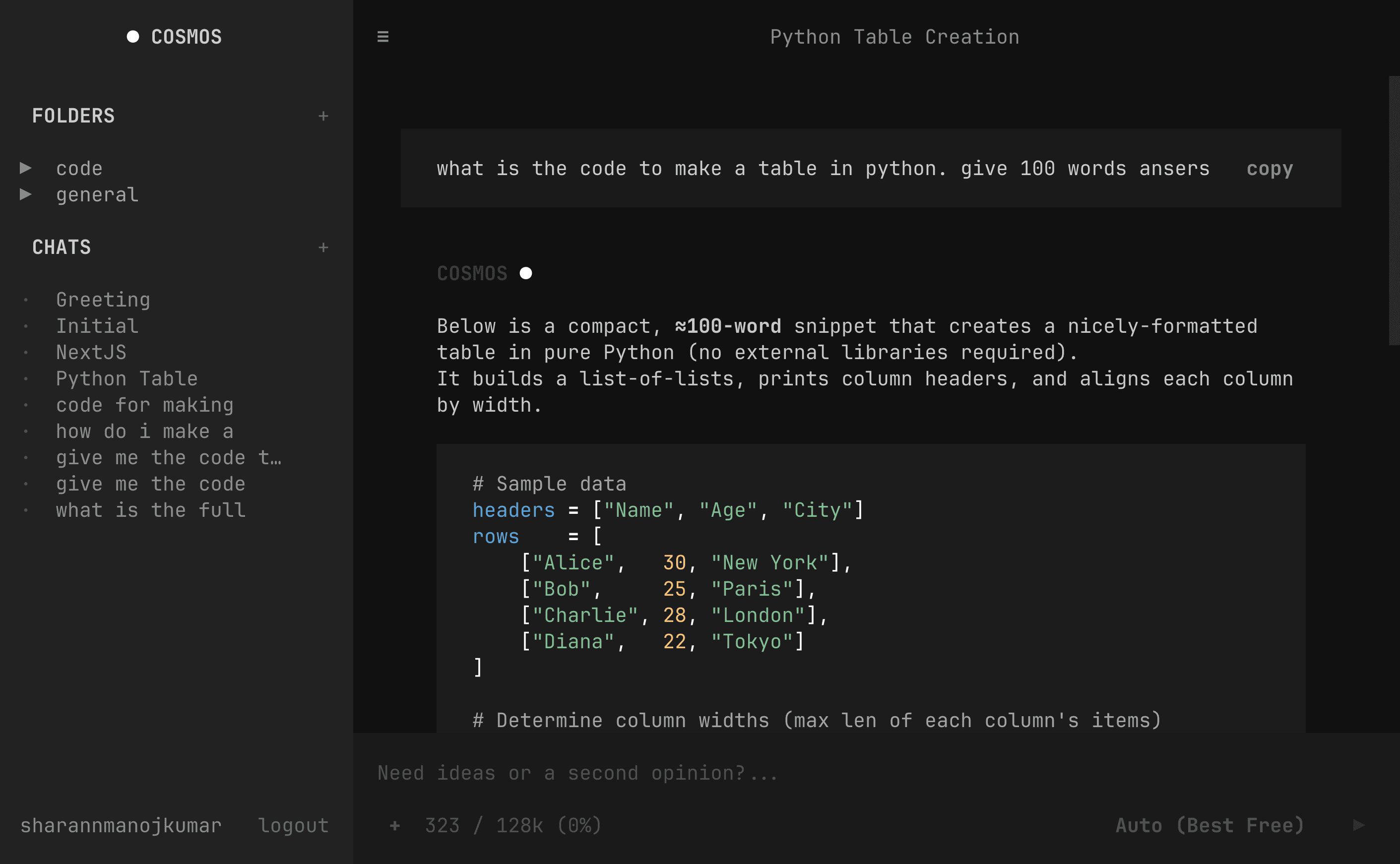 Cosmos chat interface
